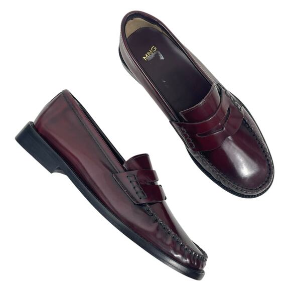 Mango MNG Round Toe Leather Penny Loafer Burgundy Red Size 38/ US 7.5 - Picture 3 of 13